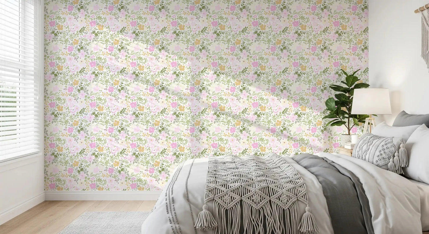 Small green leaves fill the gaps between flowers on the Spring Blossom wallpaperGD9499