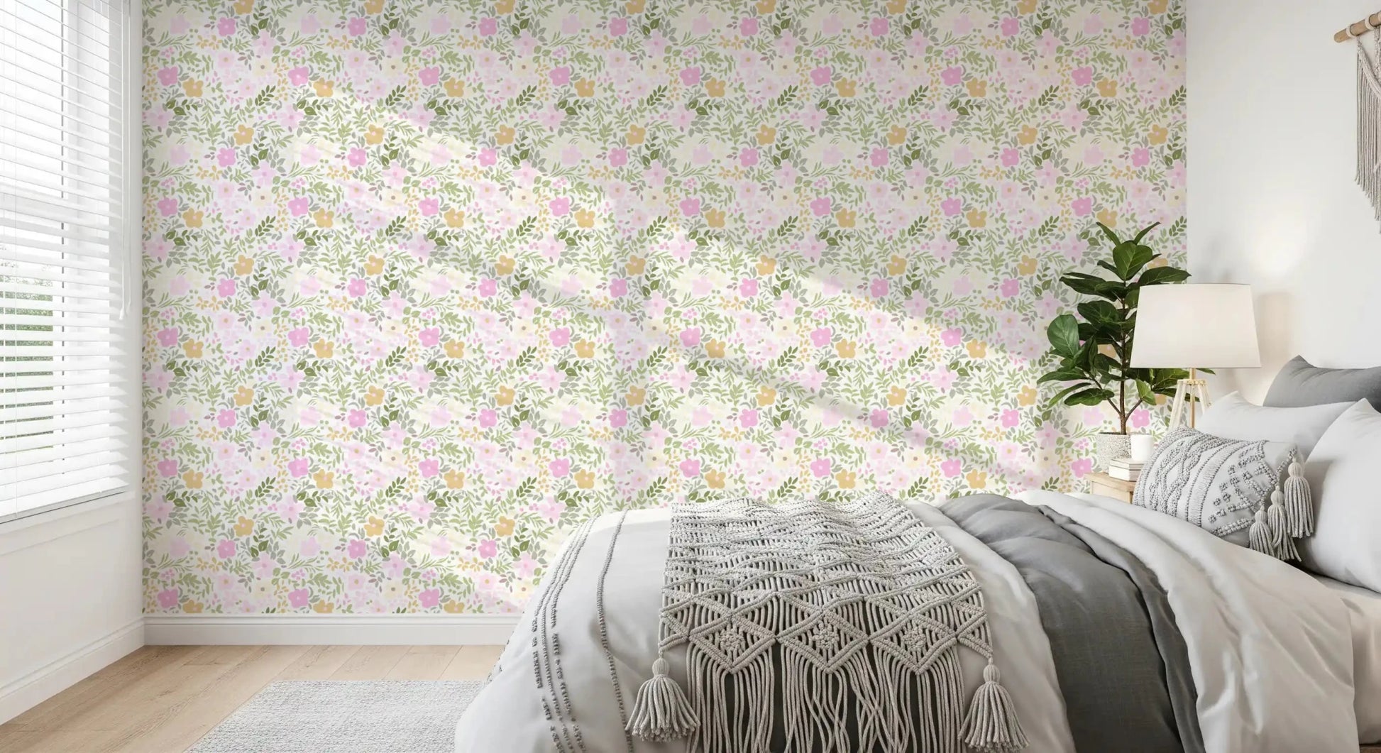 Small green leaves fill the gaps between flowers on the Spring Blossom wallpaperGD9499