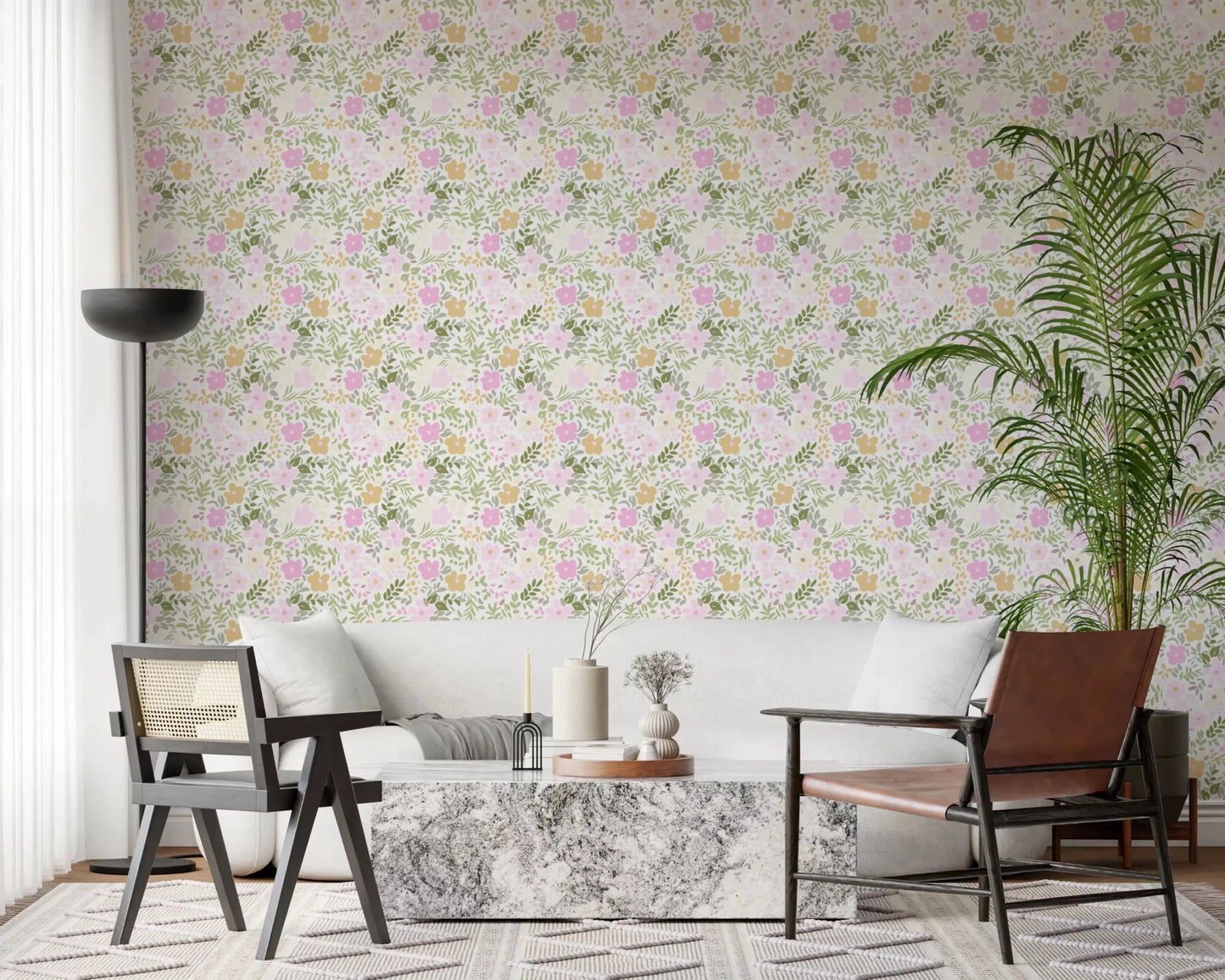 Pink and yellow blossoms scatter across a white ground on this floral wallpaper
GD9499