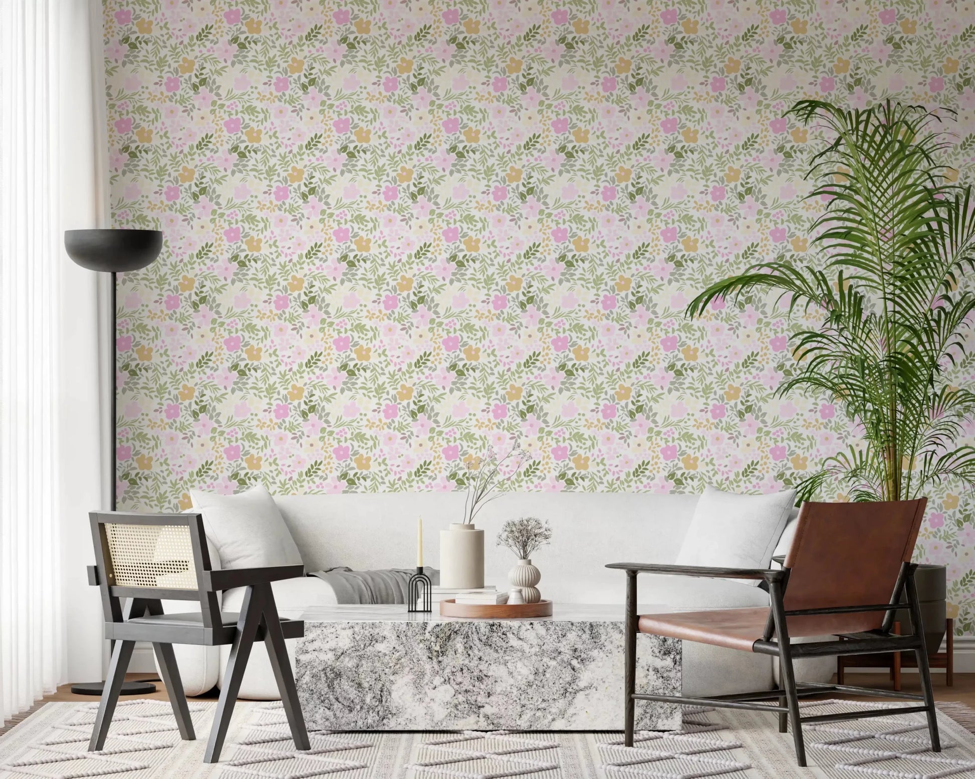 Pink and yellow blossoms scatter across a white ground on this floral wallpaper
GD9499