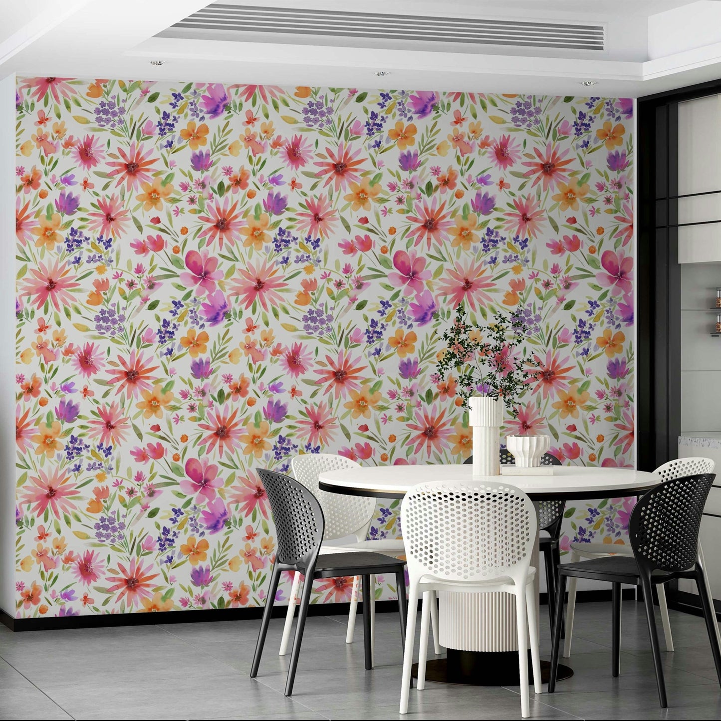 Whimsical floral wallpaper with vibrant spring dahlias

