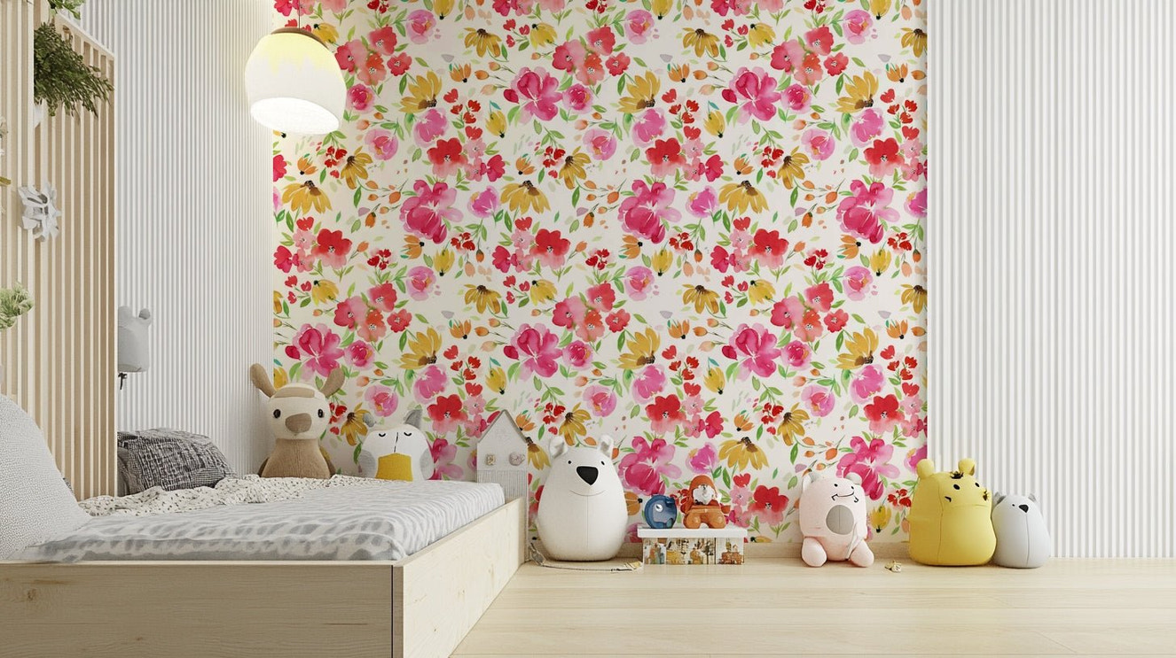 Bright spring floral wallpaper featuring pink and yellow blooms


