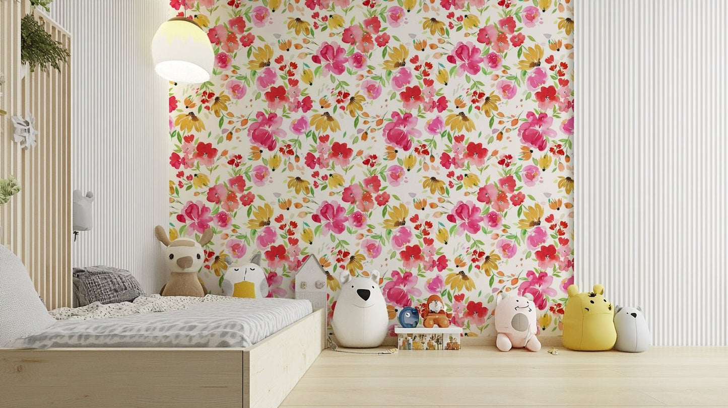 Bright spring floral wallpaper featuring pink and yellow blooms

