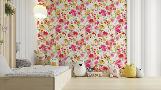 Bright spring floral wallpaper featuring pink and yellow blooms

