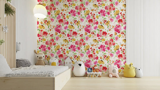 Bright spring floral wallpaper featuring pink and yellow blooms, GD1304