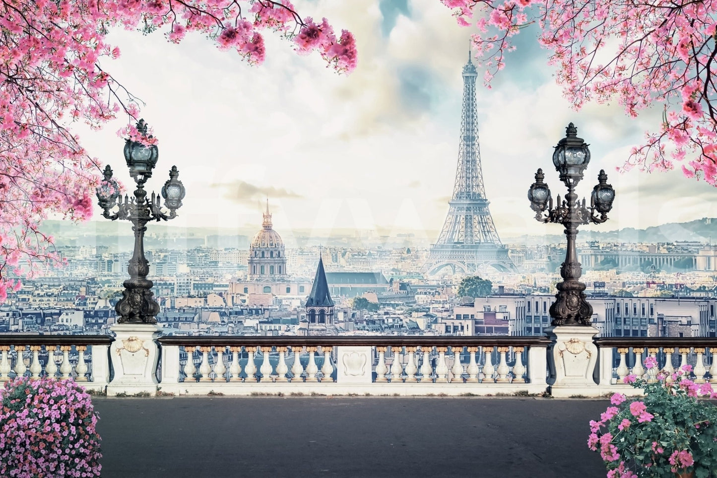 Sunny sky Spring in Paris wallpaper mural home decor.