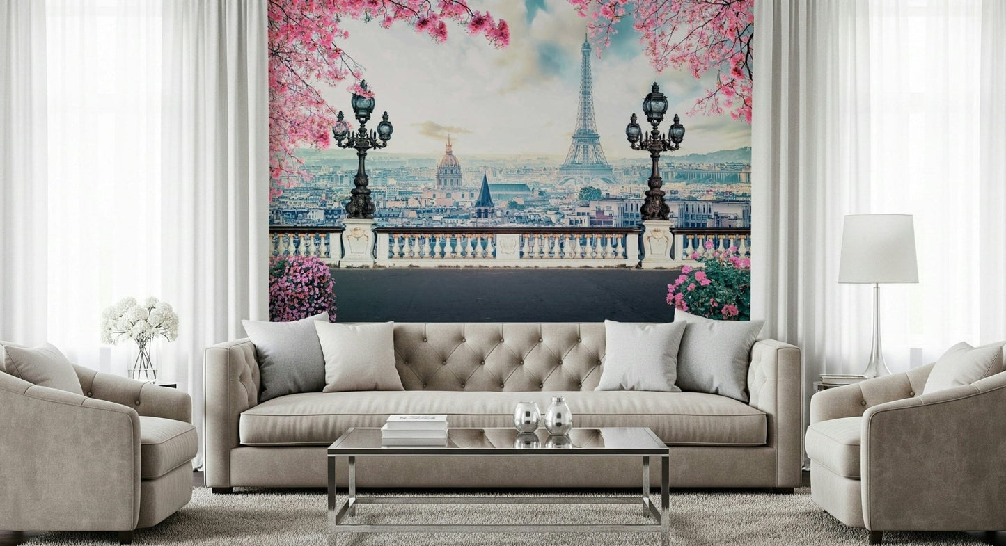 Pink cherry blossoms Spring in Paris peel and stick wallpaper.