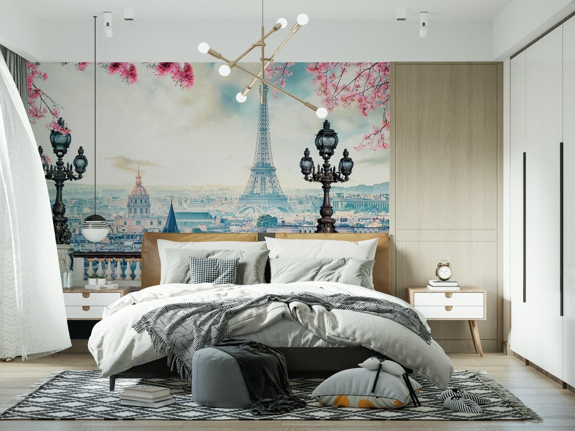 Eiffel Tower view peel and stick wallpaper Spring in Paris.