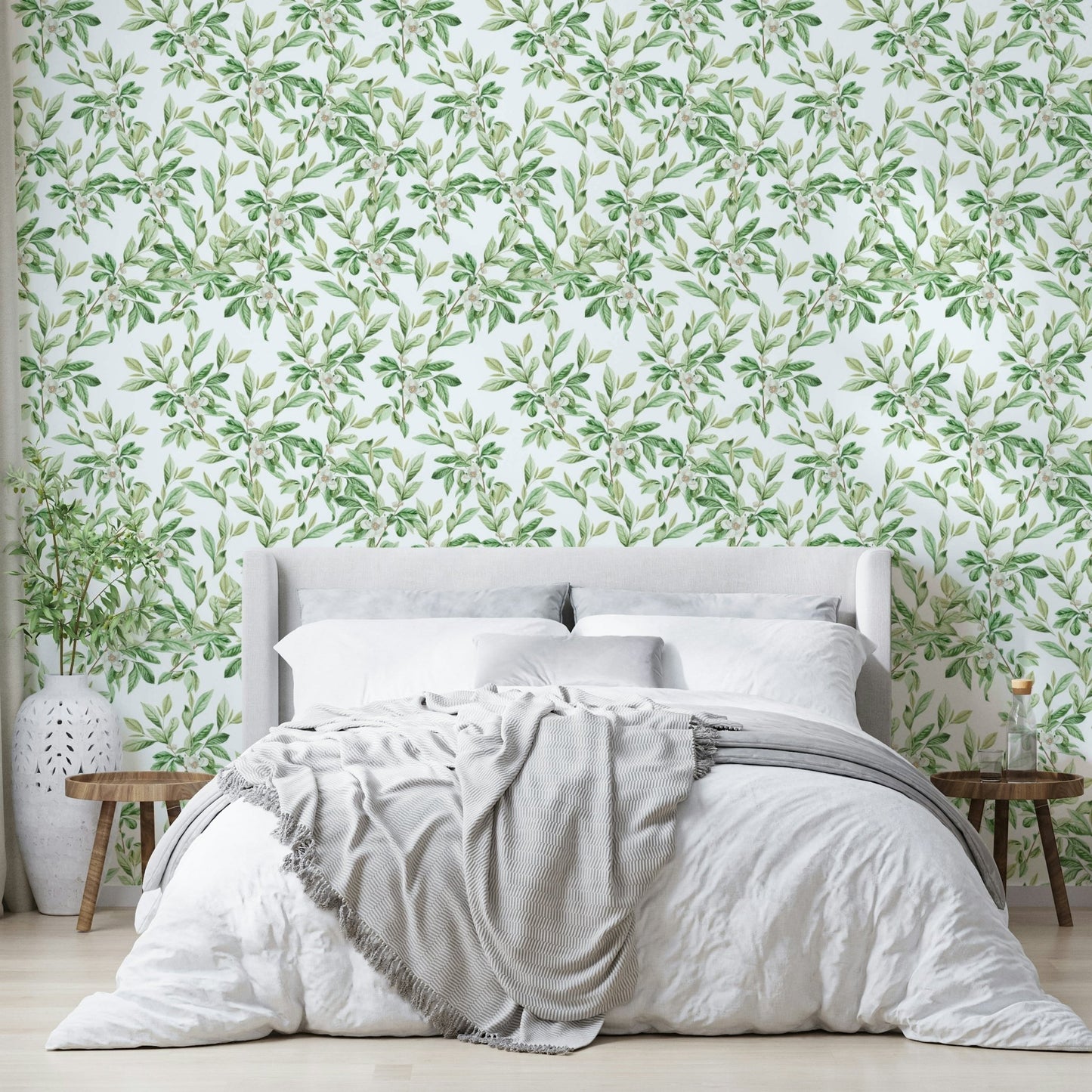This wallpaper is suitable for a living room, a bedroom, or a sunroom.
