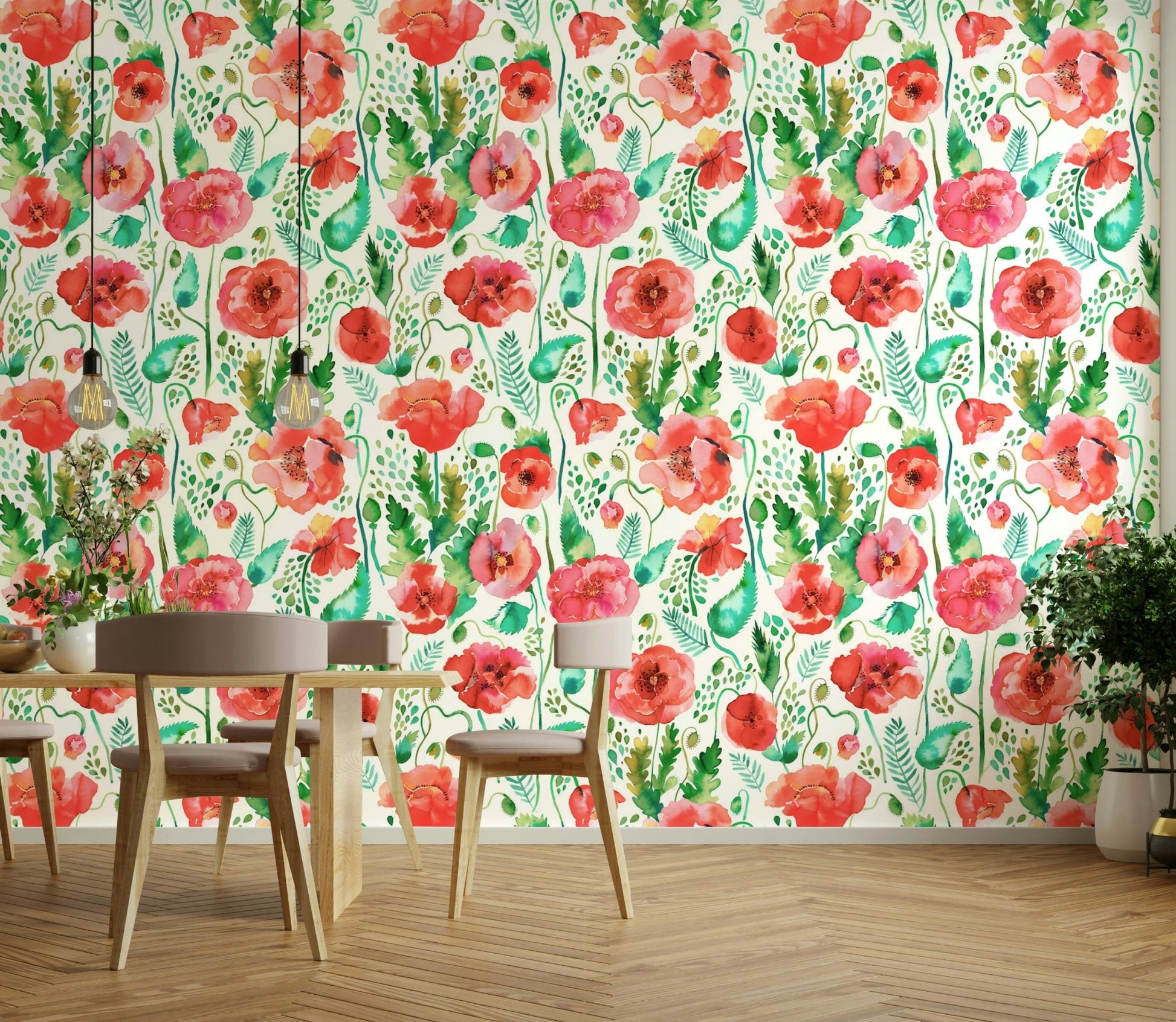 Nature-inspired spring poppies watercolor wall mural.

