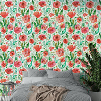 Watercolor poppies with nature elements for wall decor.

