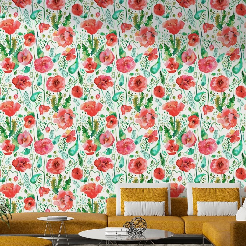 Spring poppies watercolor nature wallpaper for walls.

