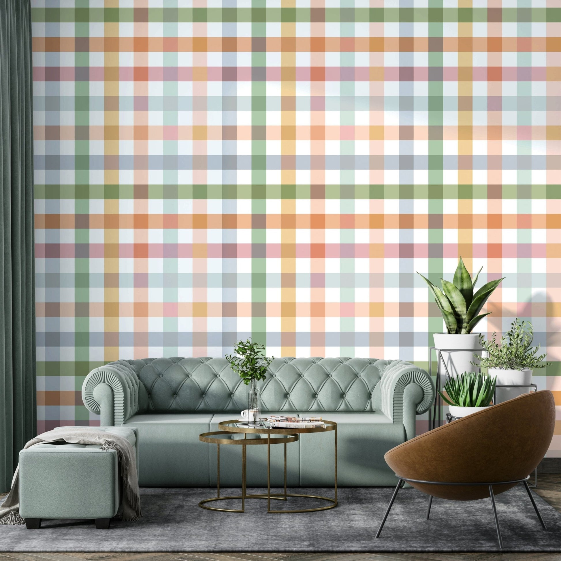 Geometric Countryside Wallpaper with Spring Gingham Design

