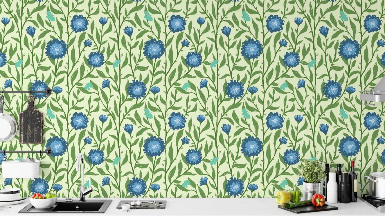 Whimsical spring trellis wallpaper in light blue for playful charm.
