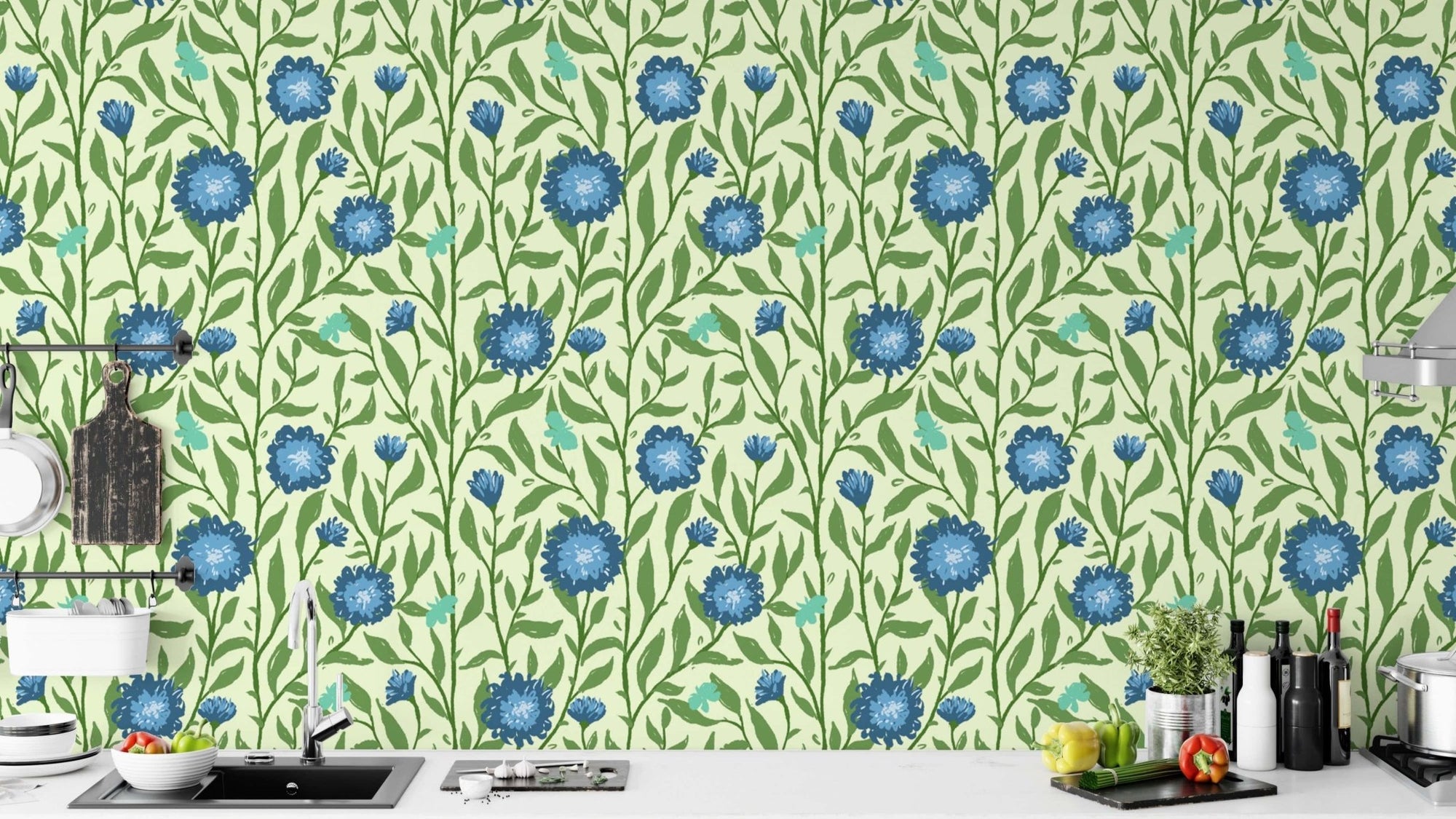 Whimsical spring trellis wallpaper in light blue for playful charm. RNM86
