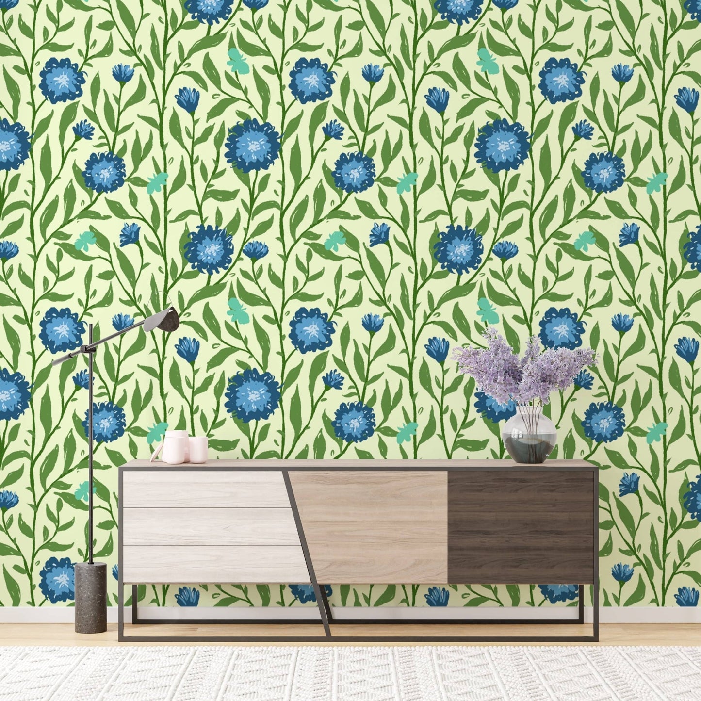 Artistic light blue spring trellis mural for unique and chic decor. RNM86