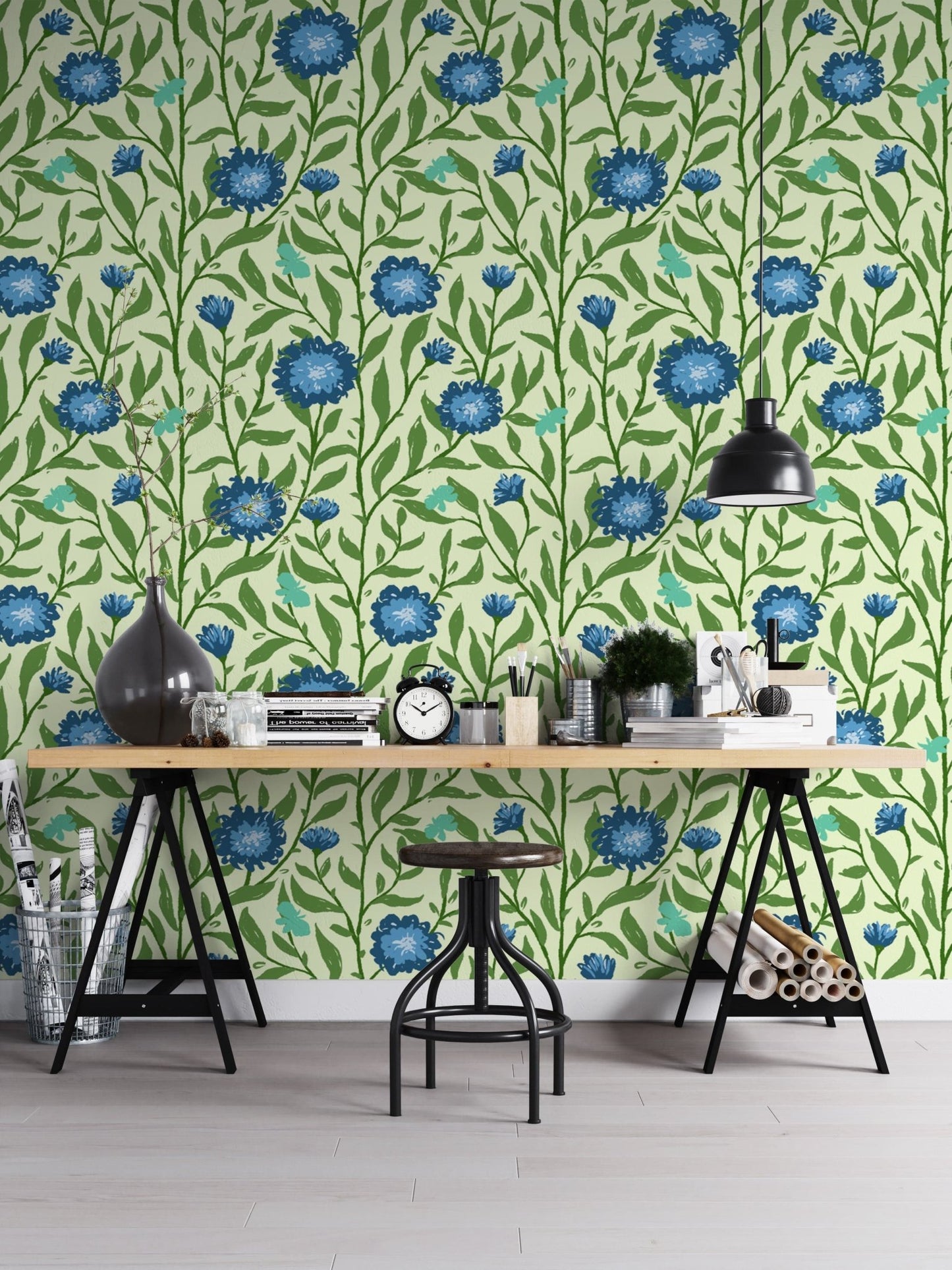 Elegant light blue trellis wallpaper for soft, airy interiors. RNM86
