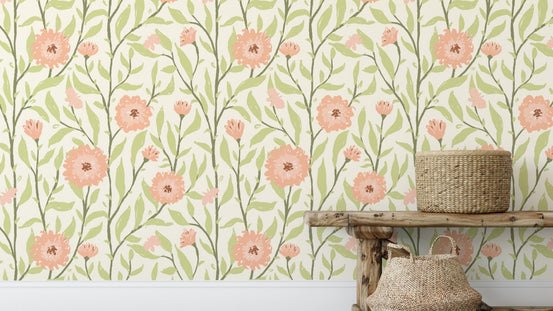 Artistic spring trellis peach fuzz wallpaper for unique wall accents. RNM84
