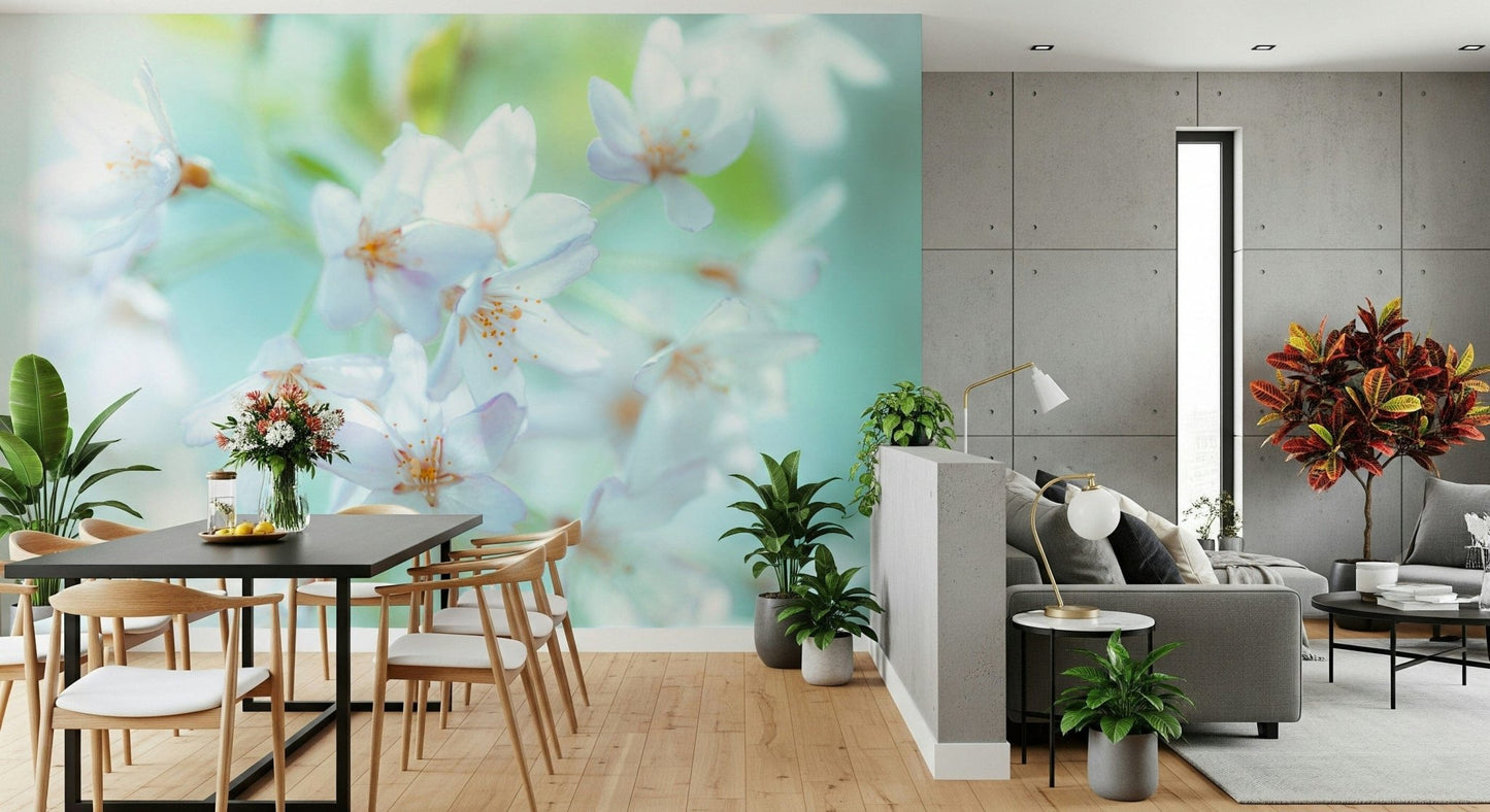 Floral wallpaper featuring soft green leaves and white buds.