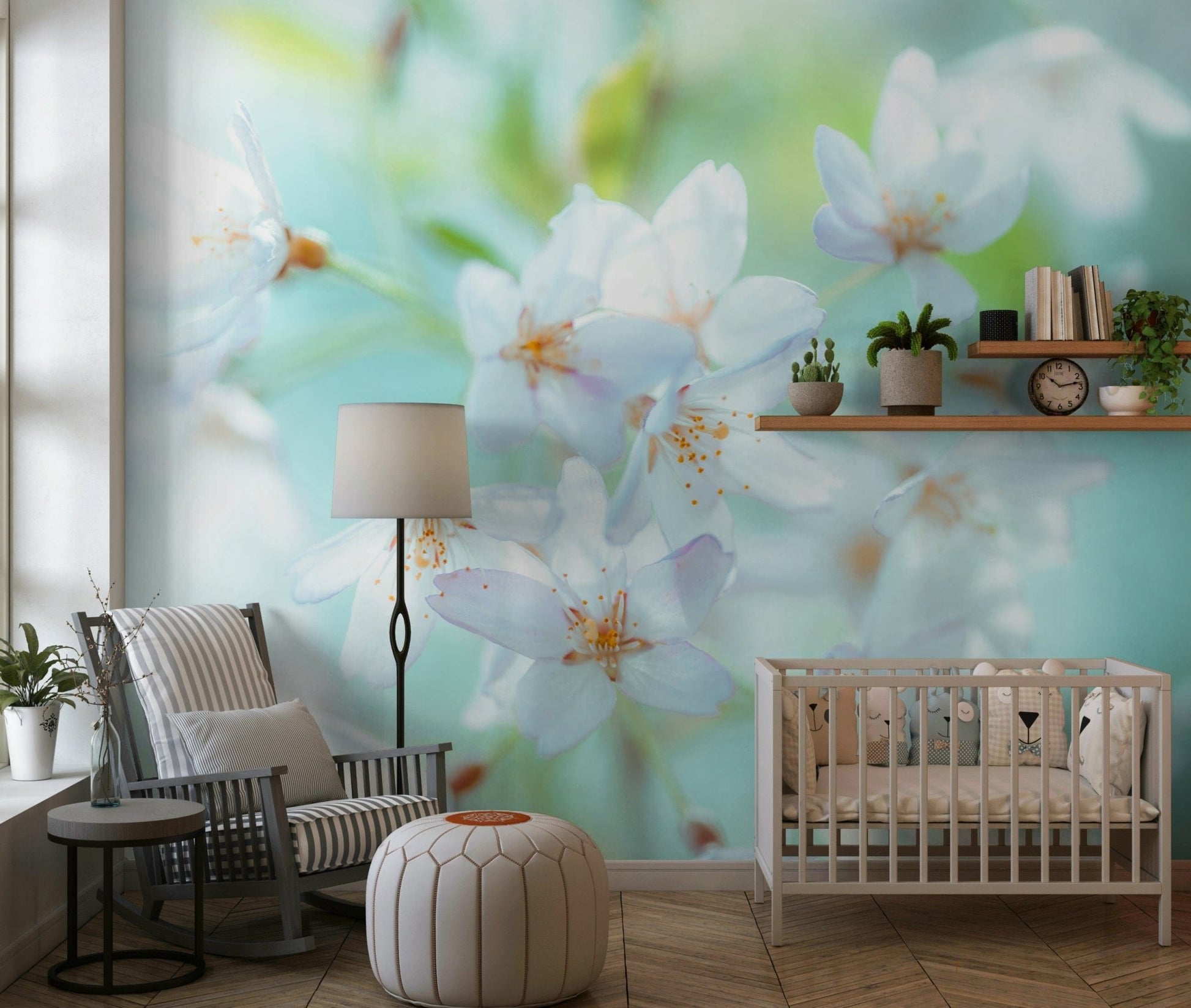 Misty forest landscape wallpaper with blooming seasonal flora.