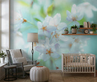 Misty forest landscape wallpaper with blooming seasonal flora.