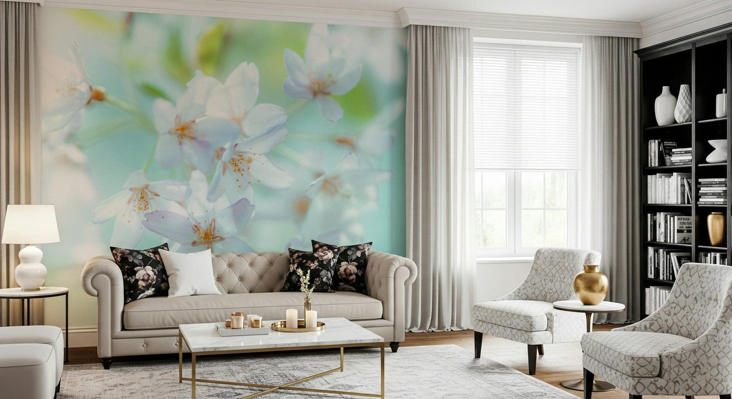 Large scale floral wallpaper in muted peach and sage tones.