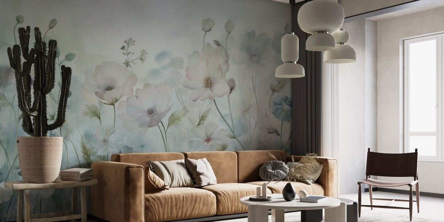 Transform your room with soft spring field vintage green wallpaper.

