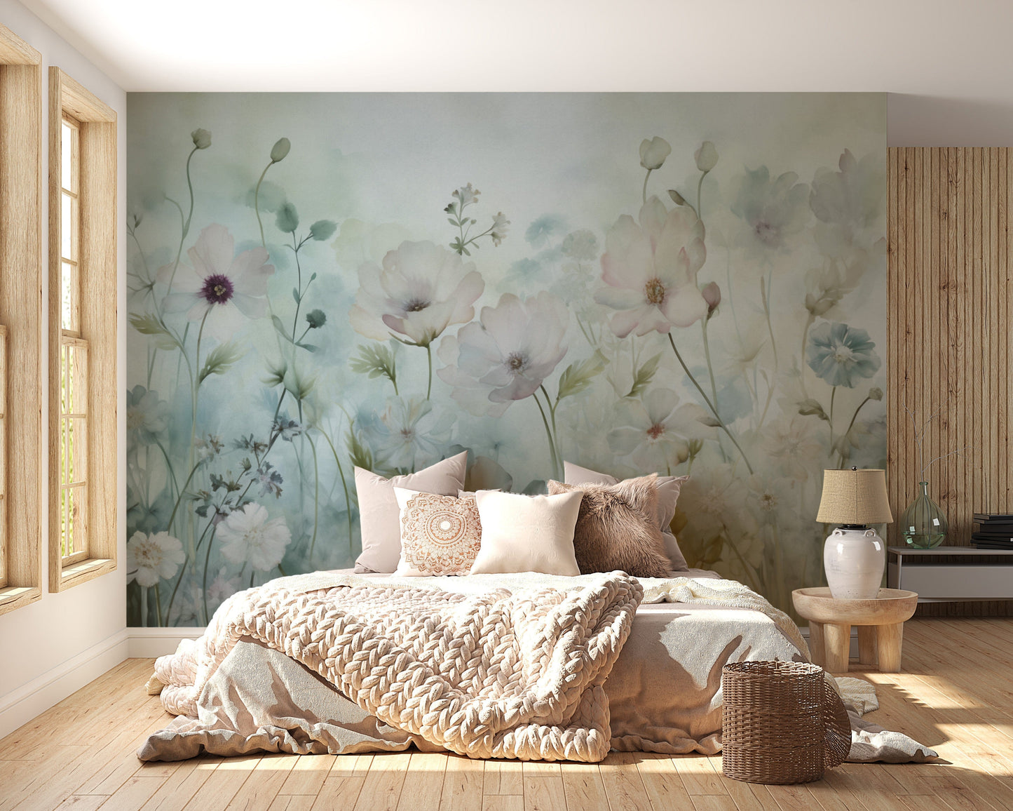 Soft and elegant spring field vintage green wallpaper for a cozy home.