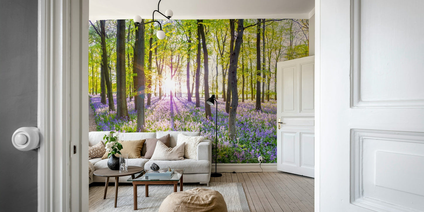 Tall, straight trees with fresh green leaves line the woods.

