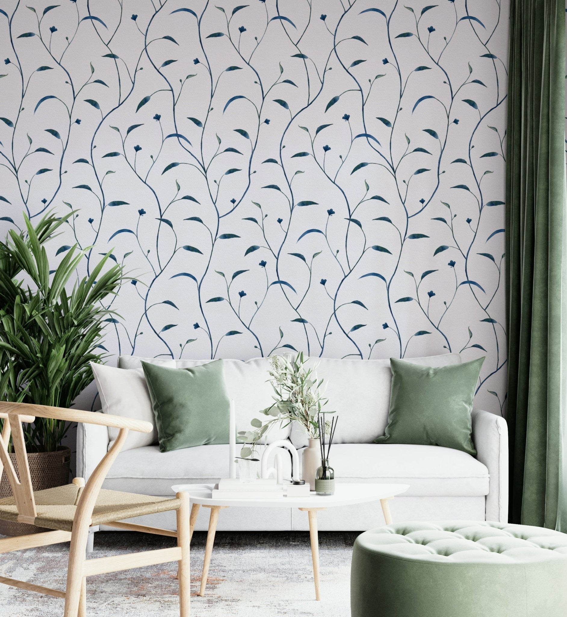 Nature-inspired Indigo Green Sprout & Vine Wallpaper

