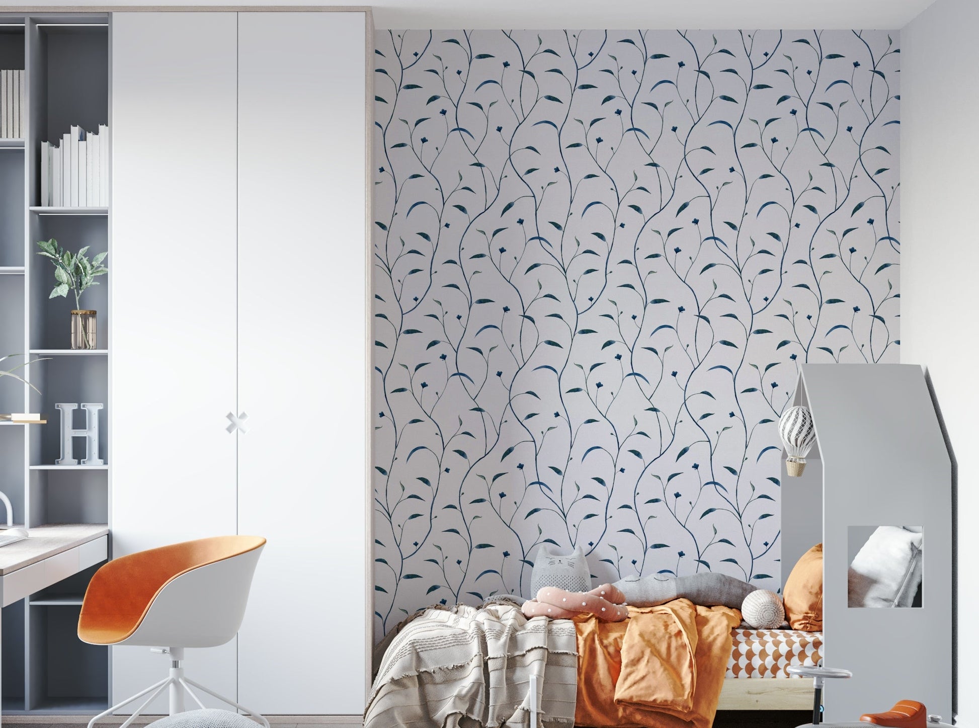 Elegant Sprout & Vine Indigo Green Wall Mural

