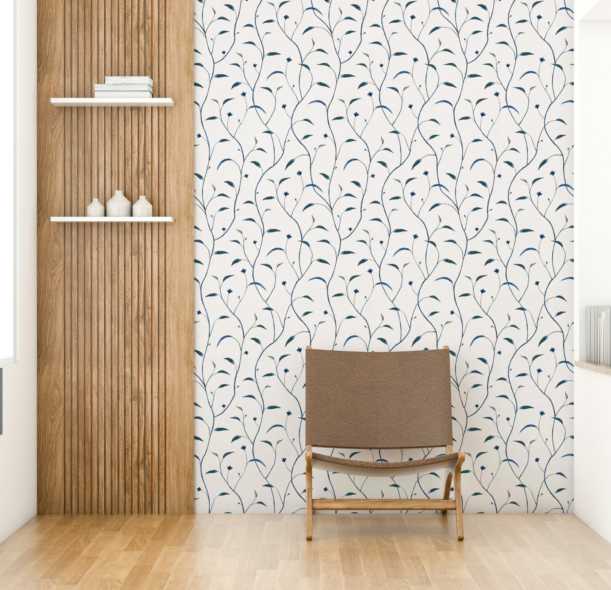 Sprout & Vine Floral Wallpaper in Indigo and Green

