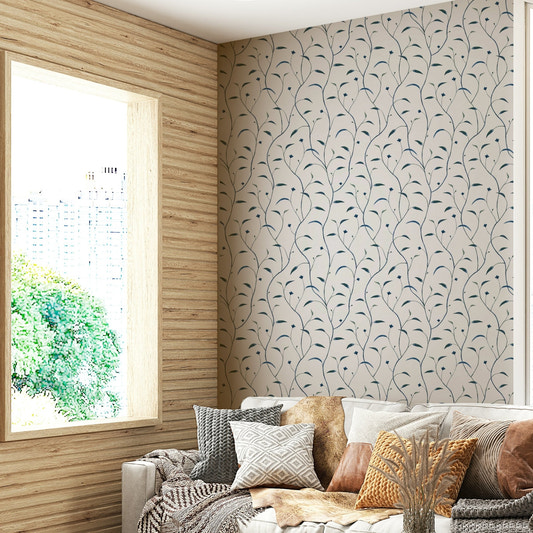 Unique Sprout & Vine Indigo Green Wallpaper Pattern

