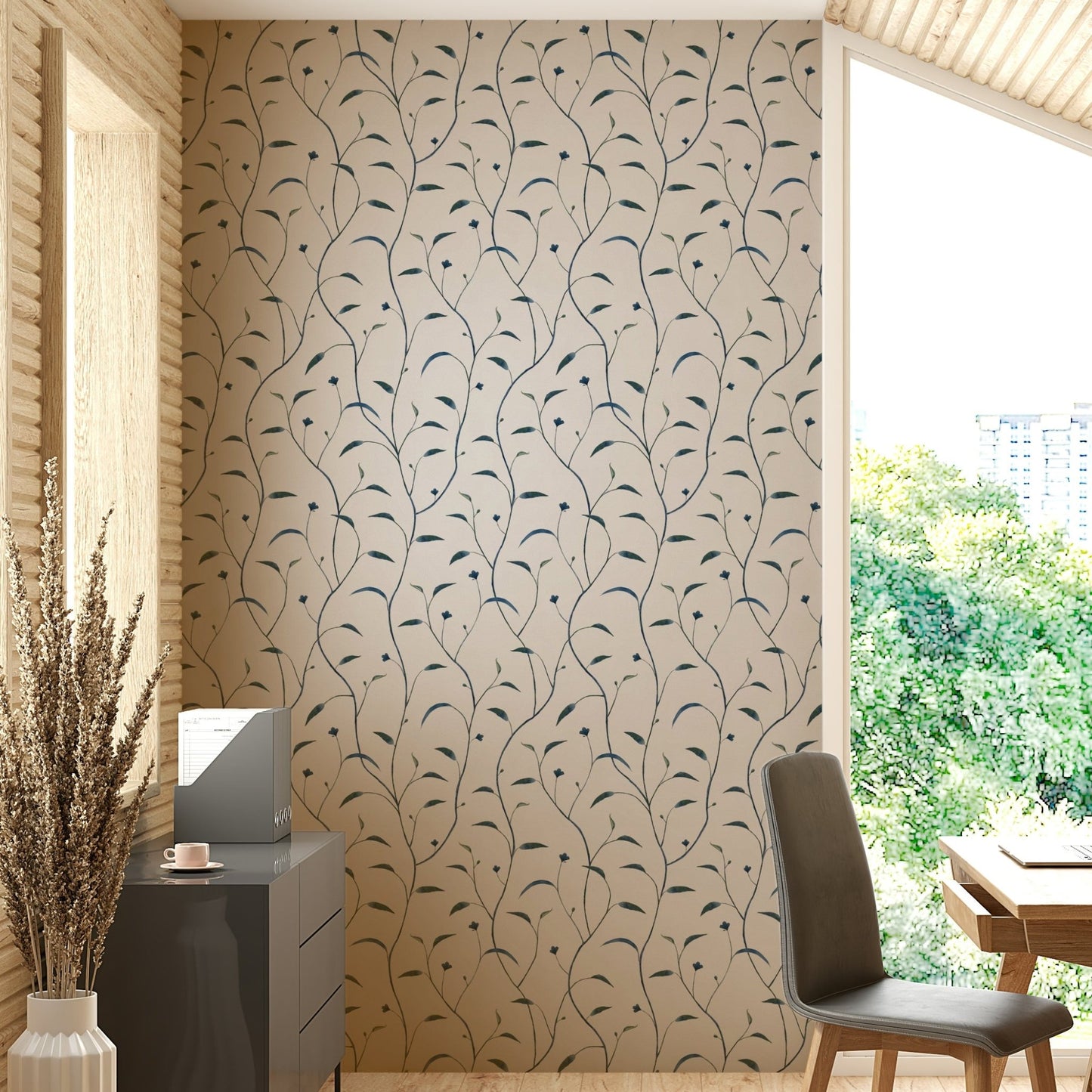 Nature-Themed Sprout & Vine Indigo Green Wallpaper

