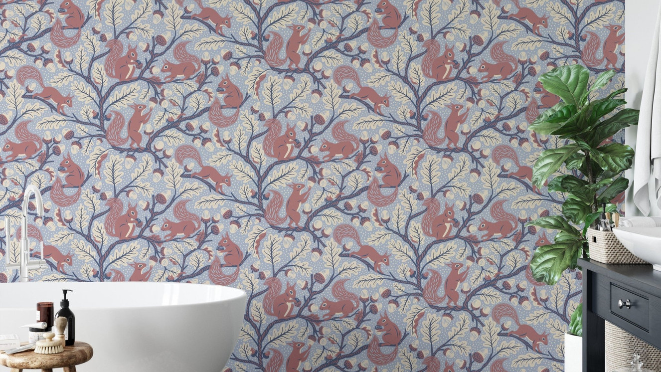 Squirrels in Oak tree - Blue Wallpaper⁠