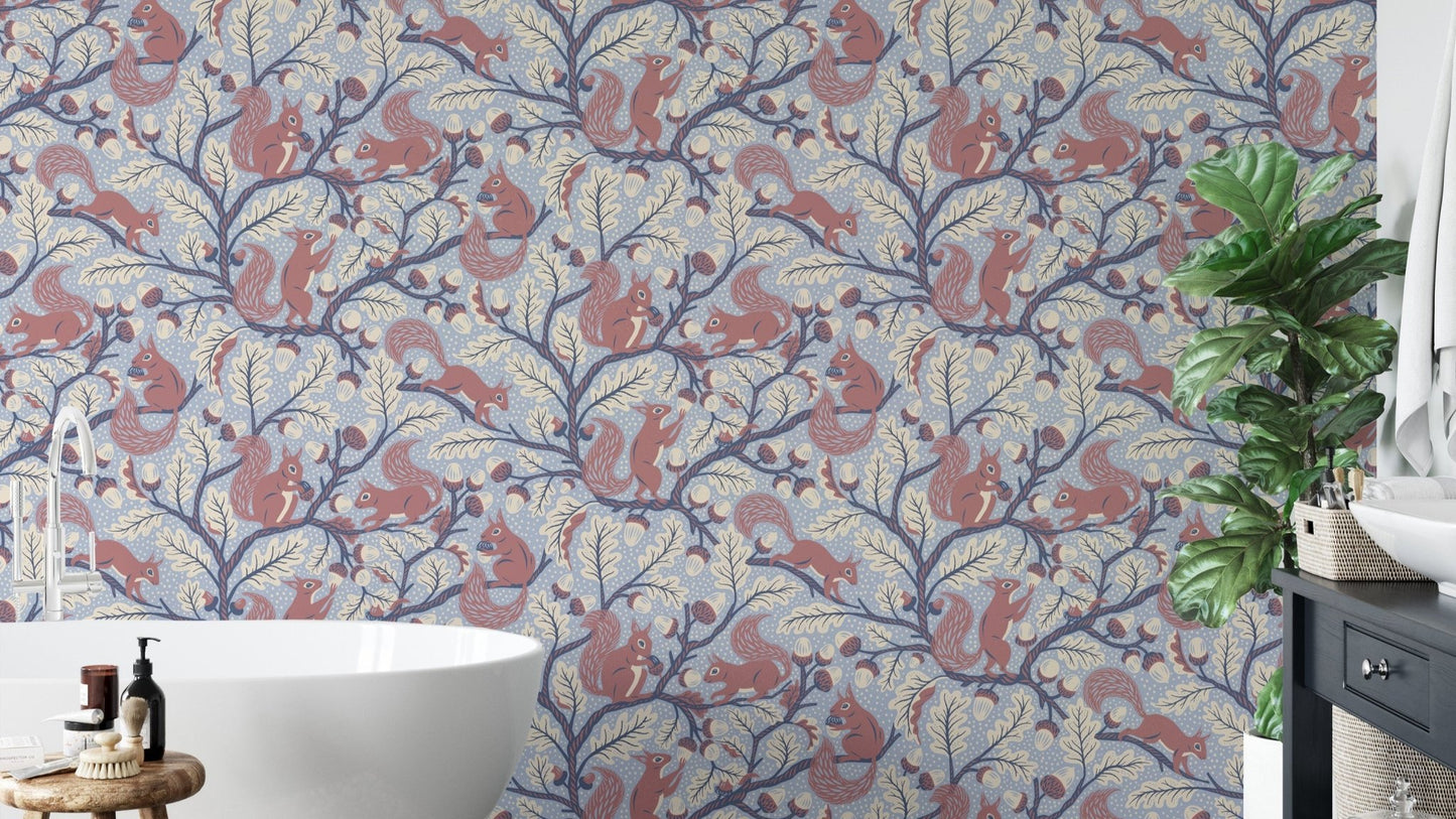 Squirrels in Oak tree - Blue Wallpaper⁠
