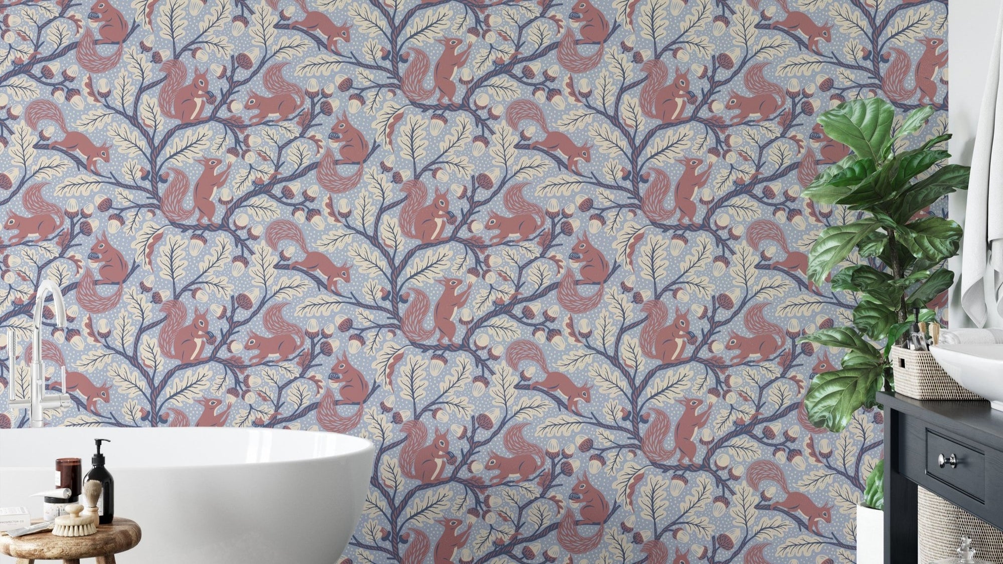 Squirrels in Oak tree - Blue Wallpaper⁠ GD676