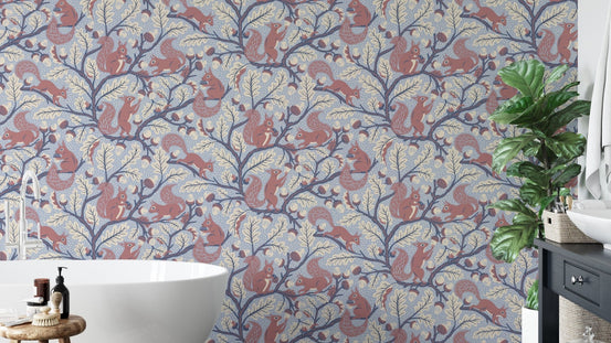 Squirrels in Oak tree - Blue Wallpaper⁠ GD676