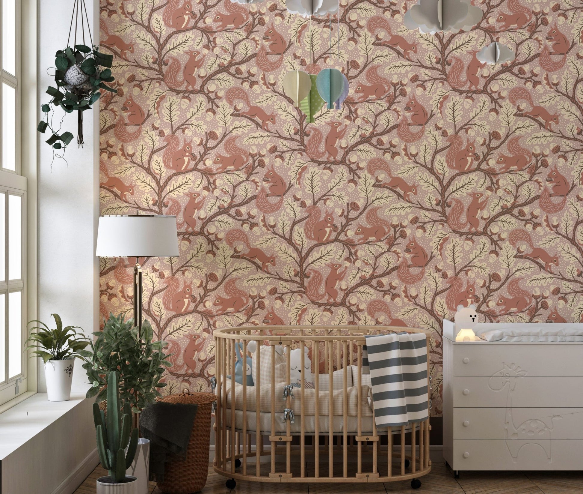 Cozy squirrel wallpaper with leaves and acorns

