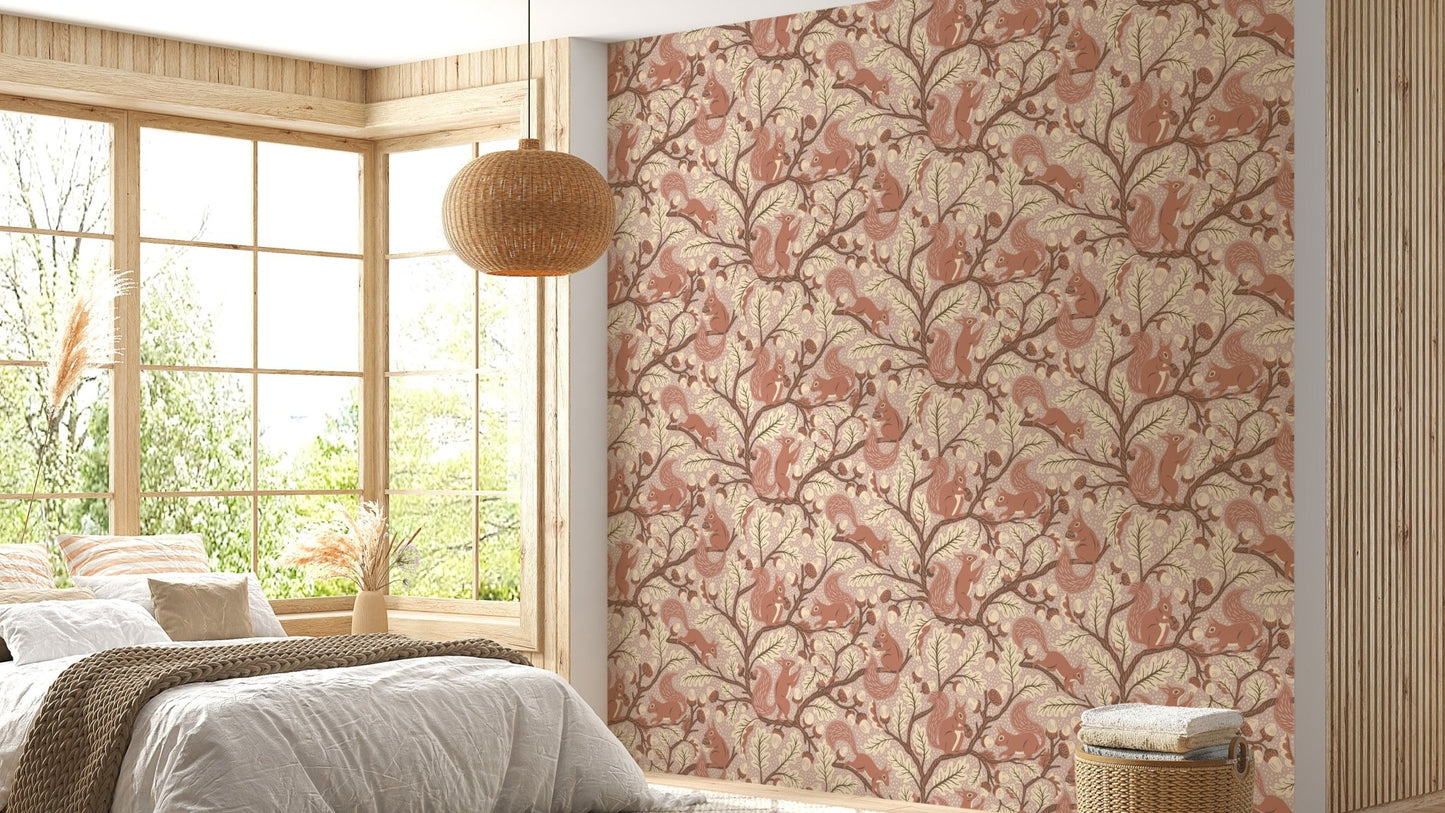 Oak branches and squirrels wallpaper close-up

