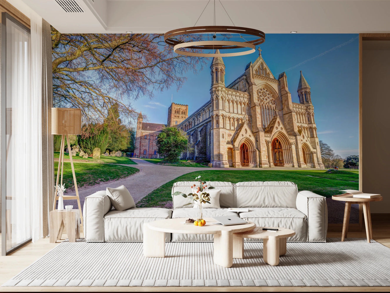 Living room with St Albans Cathedral Wall Mural showing Gothic church exterior