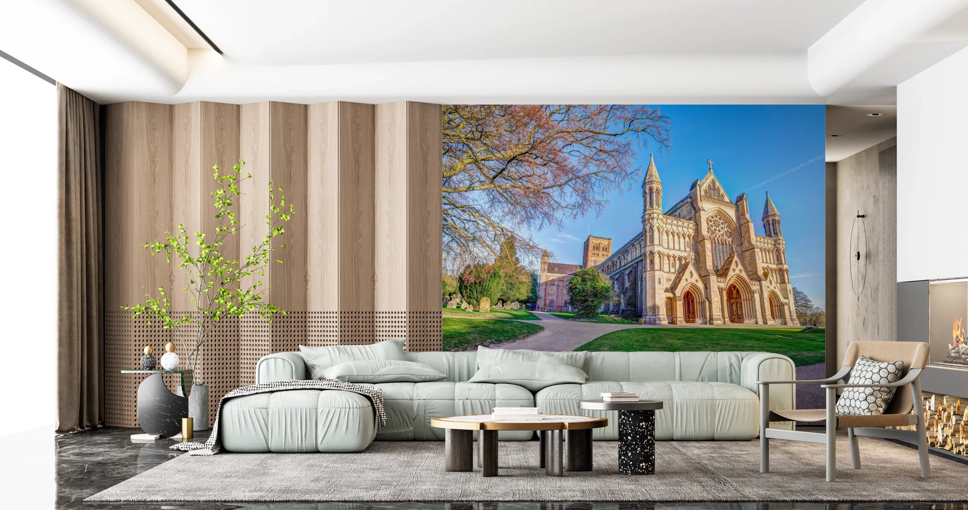 Cathedral exterior scene in St Albans Cathedral Wall Mural with blue sky