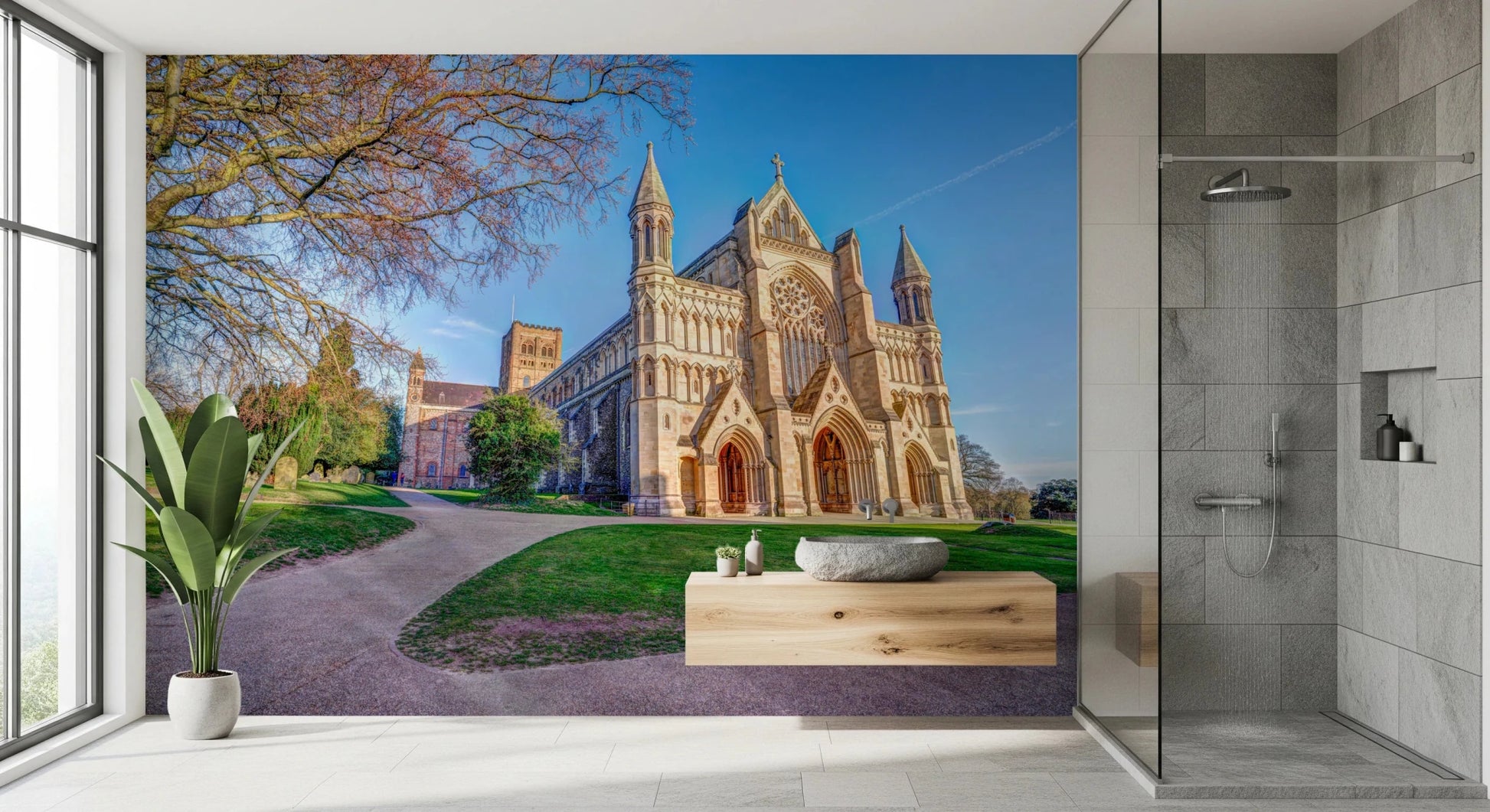 Bathroom with St Albans Cathedral Wall Mural and detailed cathedral facade