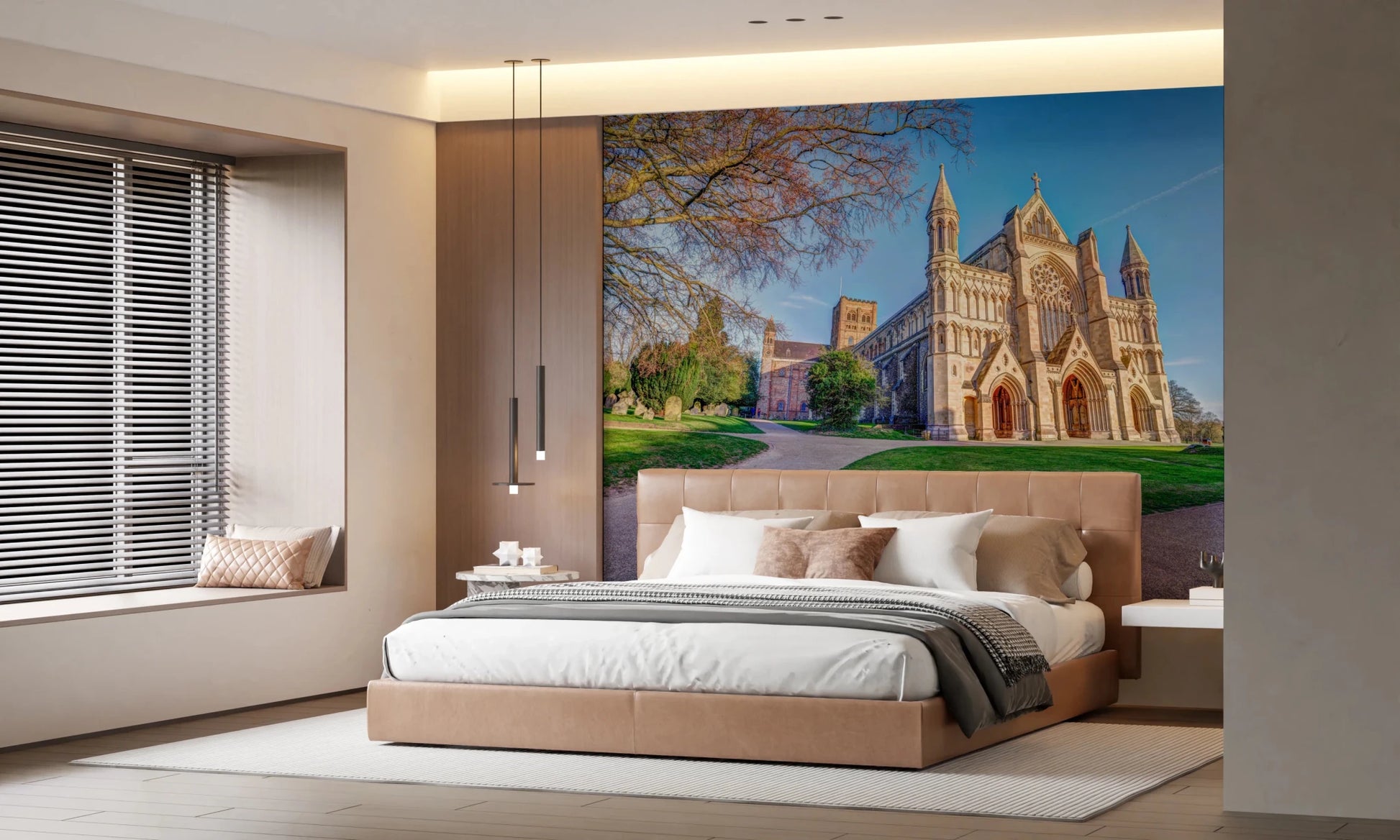 Bedroom featuring St Albans Cathedral Wall Mural and landscaped pathway scene