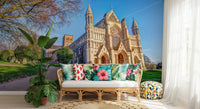 Wide-angle cathedral view in St Albans Cathedral Wall Mural with greenery