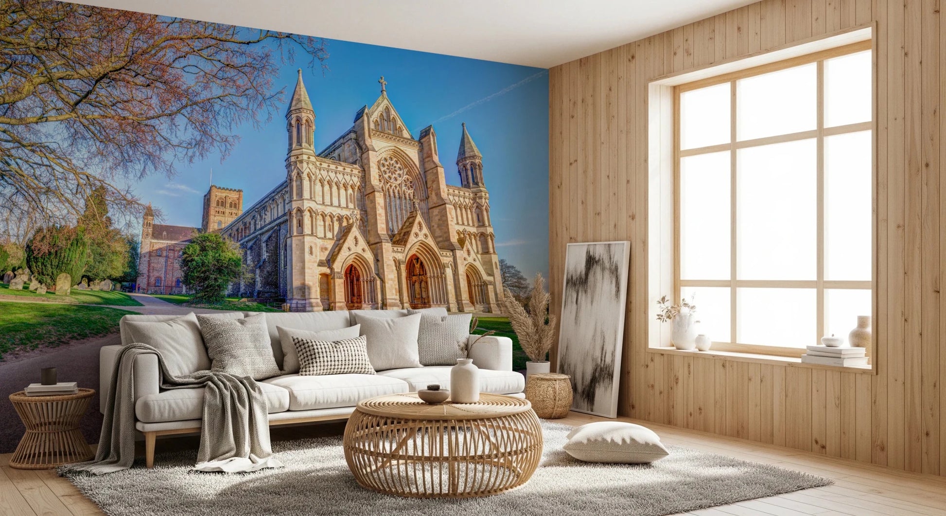 Detailed stone structure in St Albans Cathedral Wall Mural with natural light
