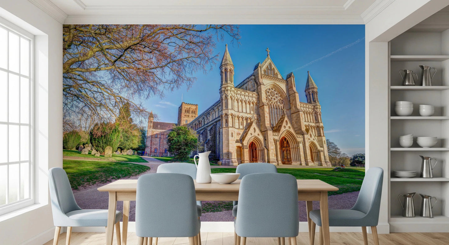 Historic Gothic building in St Albans Cathedral Wall Mural with open grounds