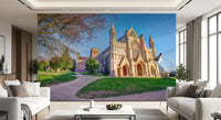 Architectural landmark in St Albans Cathedral Wall Mural with garden surroundings