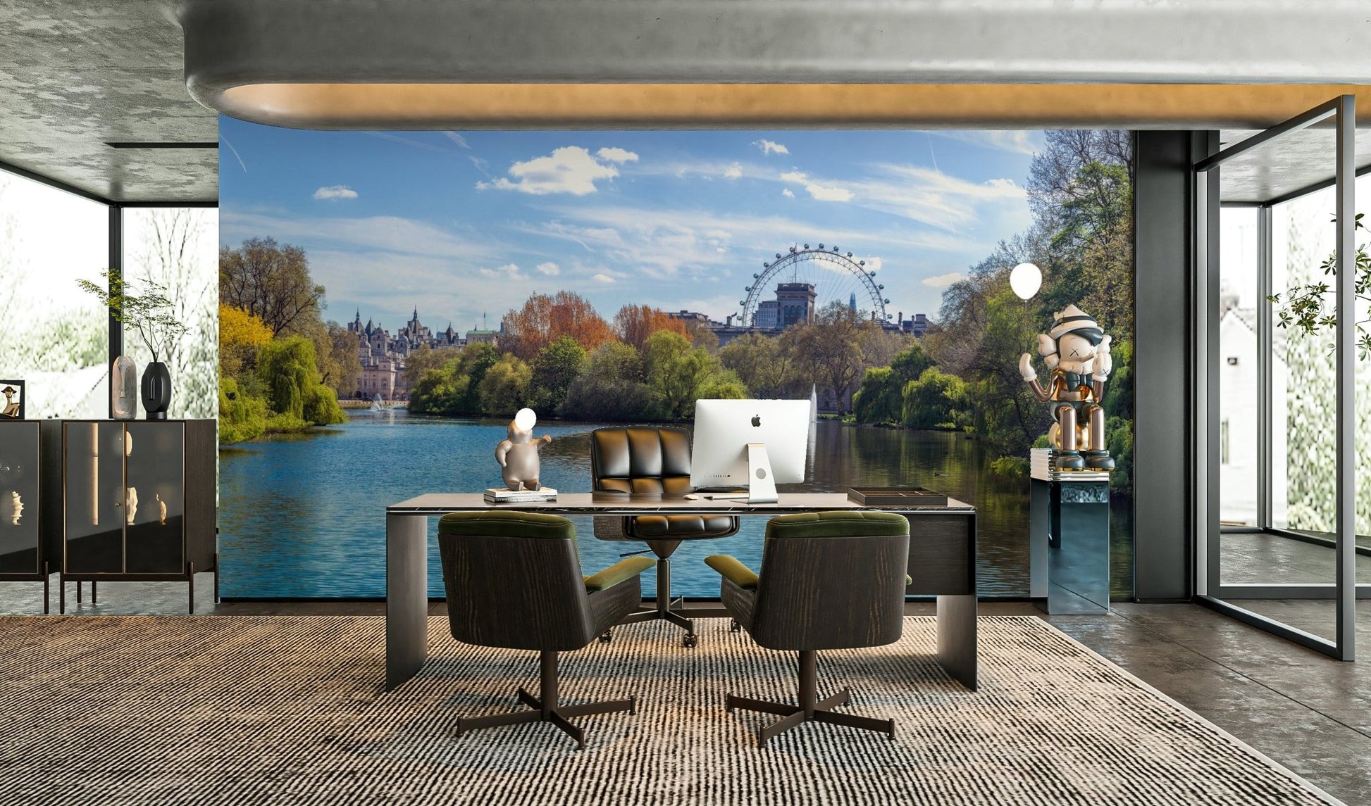 A wide lake is in the center, with trees on both sides.

