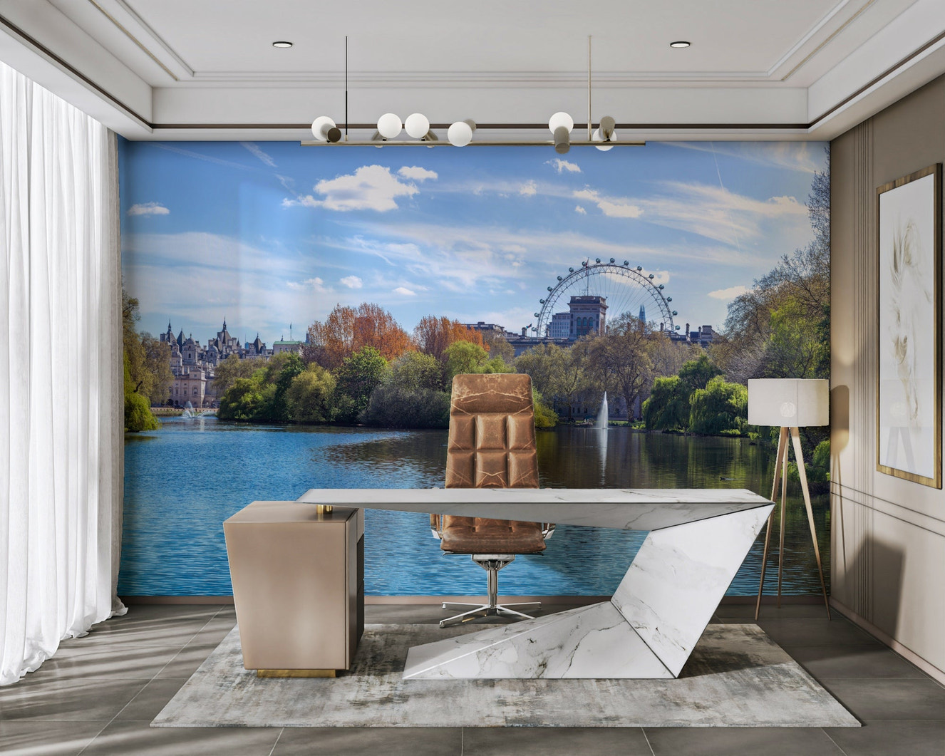 A peaceful panoramic wall mural of St James Park in London.

